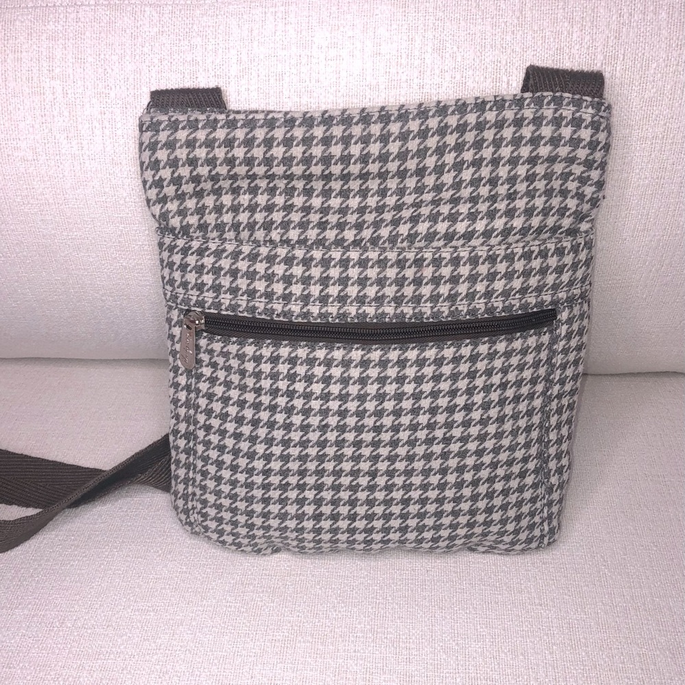 Thirty-one Bags Gingham Slim fabric wide strap crossbody bag purse Gray White